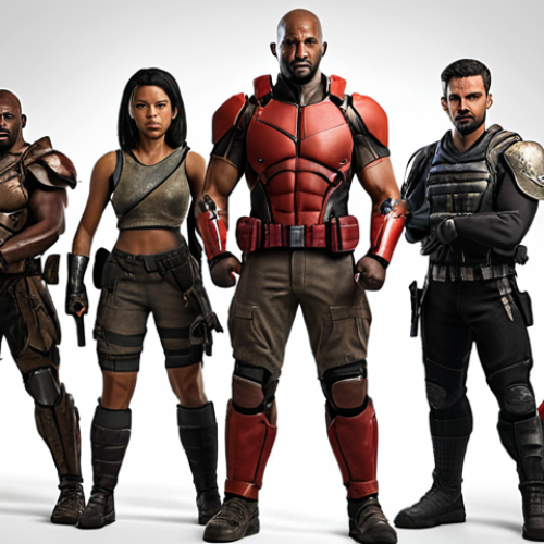 Home 14 **Team of diverse characters**: A team of diverse characters, each with unique skills (attacking, defending, supporting) standing together. Focus on showing their individual strengths and roles within the team.