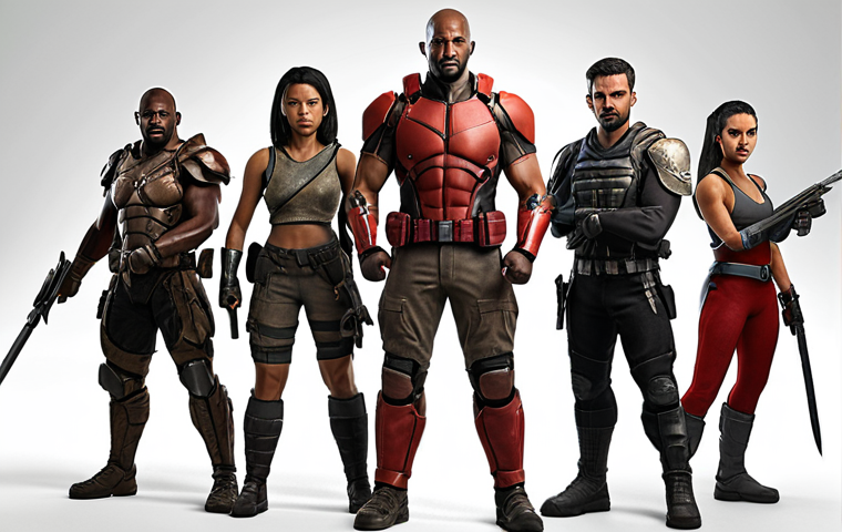 **Team of diverse characters**: A team of diverse characters, each with unique skills (attacking, defending, supporting) standing together. Focus on showing their individual strengths and roles within the team.