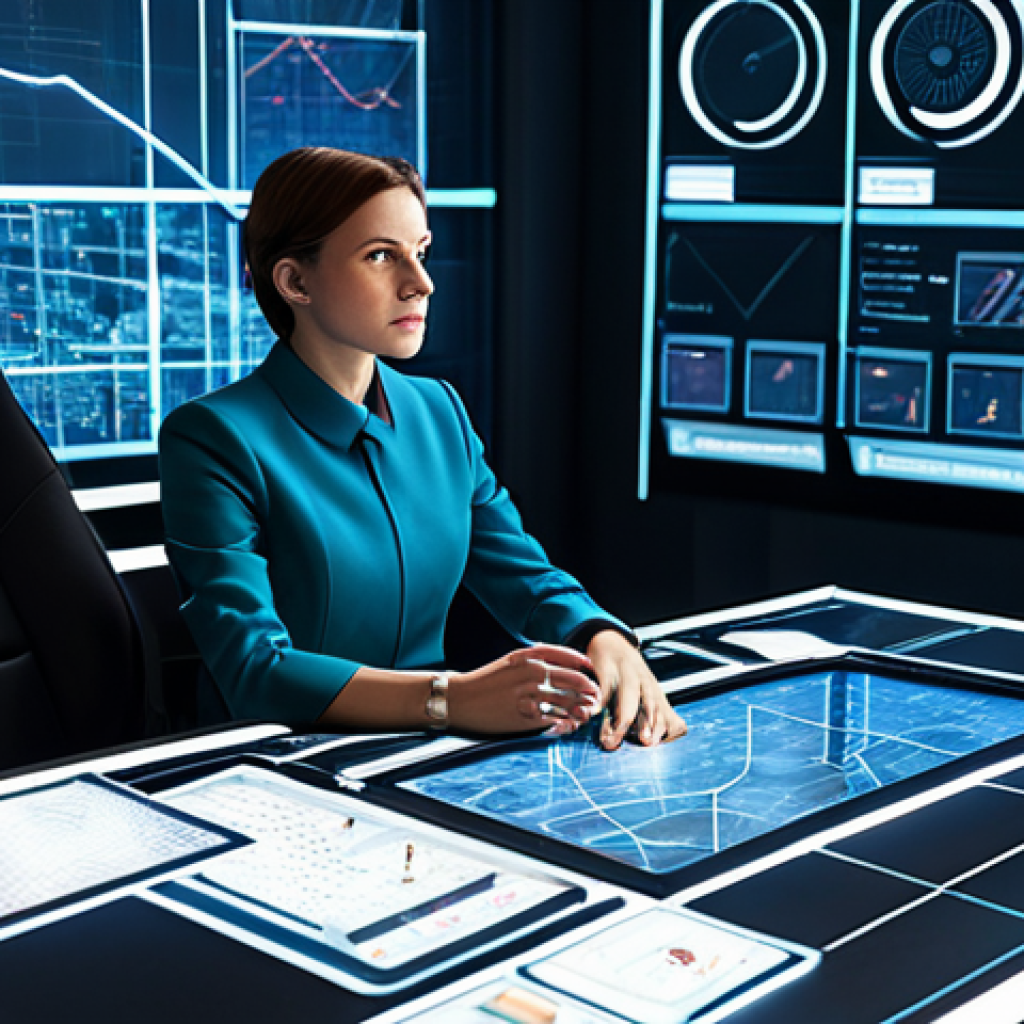 A focused professional strategist, fully clothed in a modest, elegant, retro-futuristic outfit, is seated at a sleek, minimalist table. Holographic projections display intricate game data, including character cards, elemental charts, and resource management graphs. Her expression is thoughtful and determined, conveying deep concentration. The background is a clean, well-lit control room with subtle technological elements and a serene, stylized cityscape visible through a large window. This image emphasizes intelligent strategic planning and a professional atmosphere. safe for work, appropriate content, fully clothed, professional dress, perfect anatomy, natural proportions, natural pose, well-formed hands, proper finger count, natural body proportions, high detail, studio lighting, family-friendly.