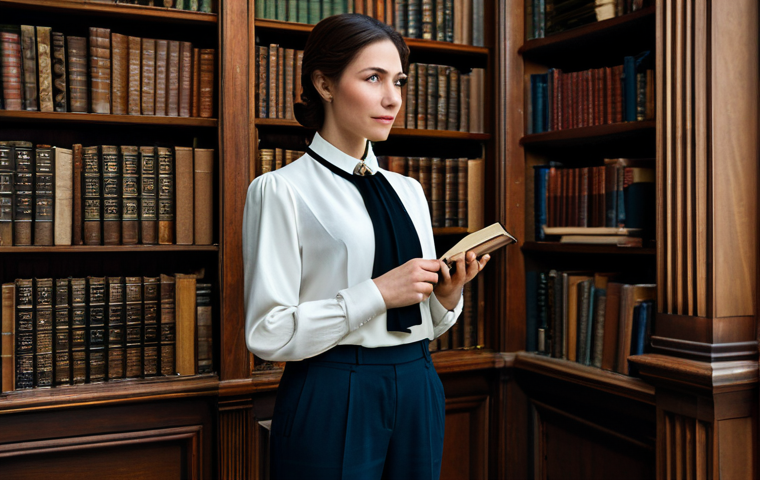 A professional female character, elegantly dressed in a modest, high-collared blouse and tailored dark trousers, standing confidently within a grand, vintage library. She holds an antique, ornate pocket watch that subtly glows, suggesting a connection to time and history. The background is filled with towering bookshelves stacked with aged leather-bound books, and faint, abstract elements of rotating gears or time-lapsed imagery are woven into the atmosphere. The lighting is soft and diffused, creating a sophisticated and timeless ambiance. Perfect anatomy, correct proportions, natural pose, well-formed hands, proper finger count, natural body proportions. Fully clothed, appropriate attire, modest clothing, safe for work, appropriate content, professional photography, high detail, realistic, sharp focus.