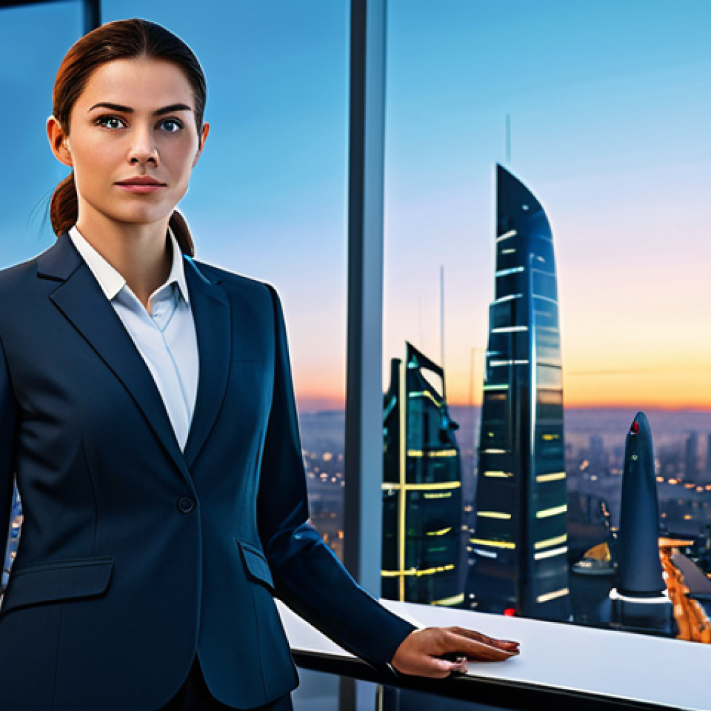 **

"A determined businesswoman in a modest, professional business suit, stands confidently in a high-tech office. The background shows a futuristic cityscape at dusk. Fully clothed, appropriate attire, safe for work, perfect anatomy, correct proportions, natural pose, professional digital art, family-friendly."

**