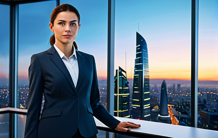 **

"A determined businesswoman in a modest, professional business suit, stands confidently in a high-tech office. The background shows a futuristic cityscape at dusk. Fully clothed, appropriate attire, safe for work, perfect anatomy, correct proportions, natural pose, professional digital art, family-friendly."

**