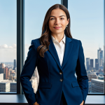 **

"A professional businesswoman in a modest, dark blue business suit, standing confidently in a modern office with large windows overlooking a city skyline, fully clothed, appropriate attire, safe for work, perfect anatomy, natural proportions, professional photography, high quality, family-friendly."

**