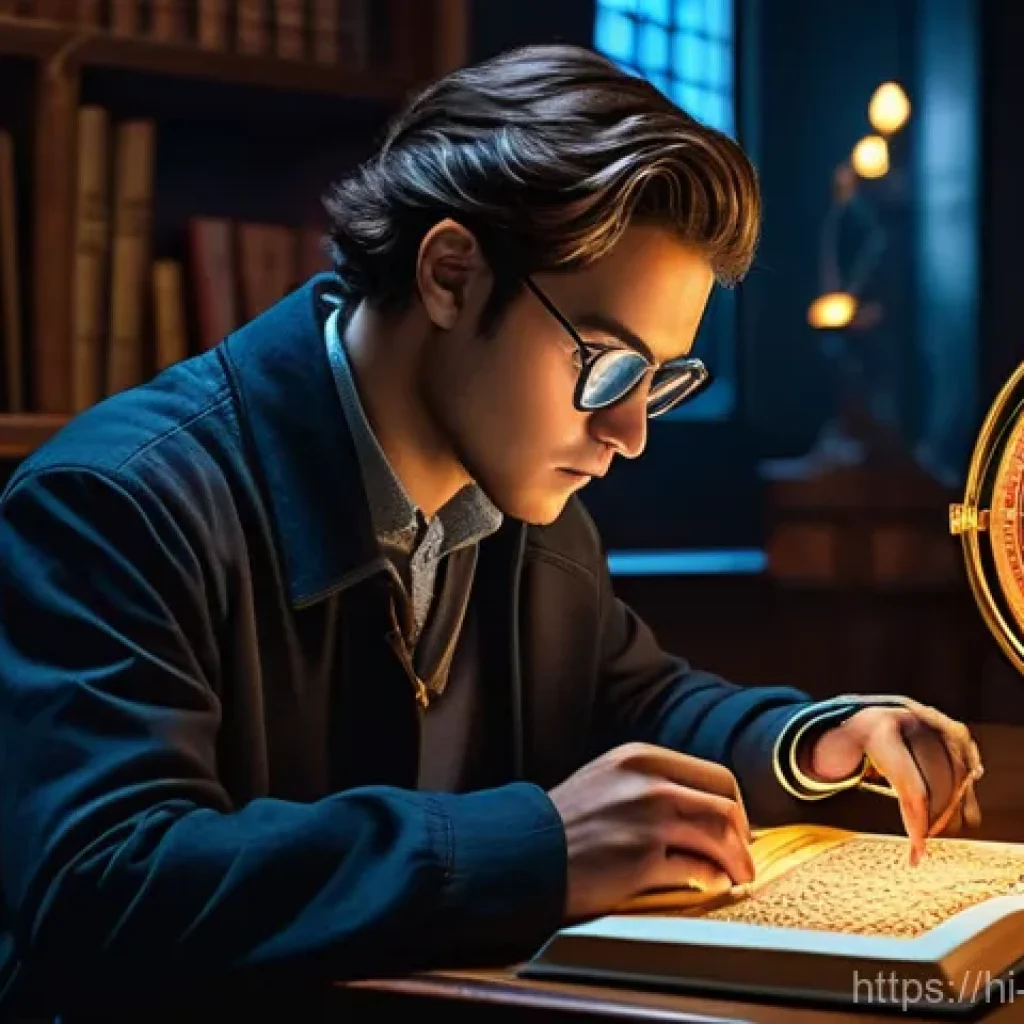 리버스 1999 공식 위키 활용법 - **A focused young "Timekeeper" sits in a warmly lit, futuristic study, meticulously analyzing a holo...