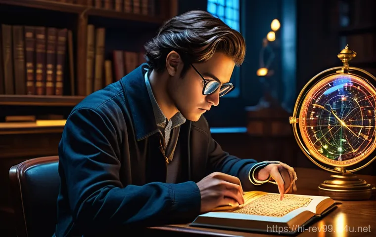 리버스 1999 공식 위키 활용법 - **A focused young "Timekeeper" sits in a warmly lit, futuristic study, meticulously analyzing a holo...