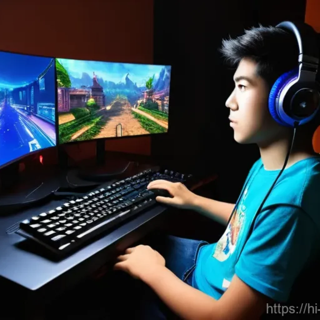 리버스 1999 비공식 앱플레이어 사용법 - **Prompt:** A young male gamer, appearing to be around 16 years old, is deeply engrossed in playing ...