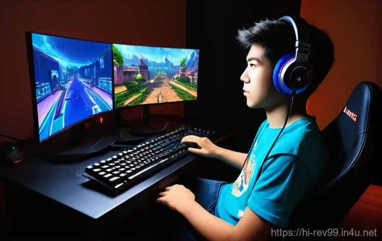 리버스 1999 비공식 앱플레이어 사용법 - **Prompt:** A young male gamer, appearing to be around 16 years old, is deeply engrossed in playing ...