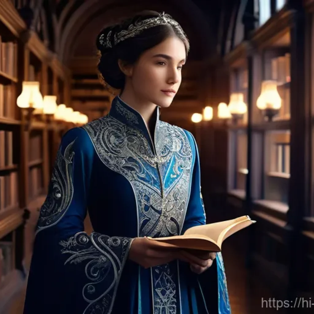 리버스 1999 메타 변화와 예측 - A serene female arcanist, approximately 20 years old, stands gracefully in an ancient, glowing libra...