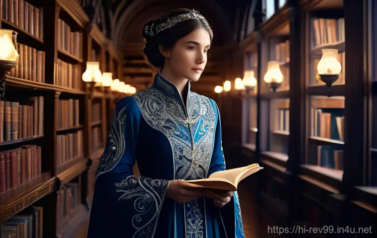 리버스 1999 메타 변화와 예측 - A serene female arcanist, approximately 20 years old, stands gracefully in an ancient, glowing libra...