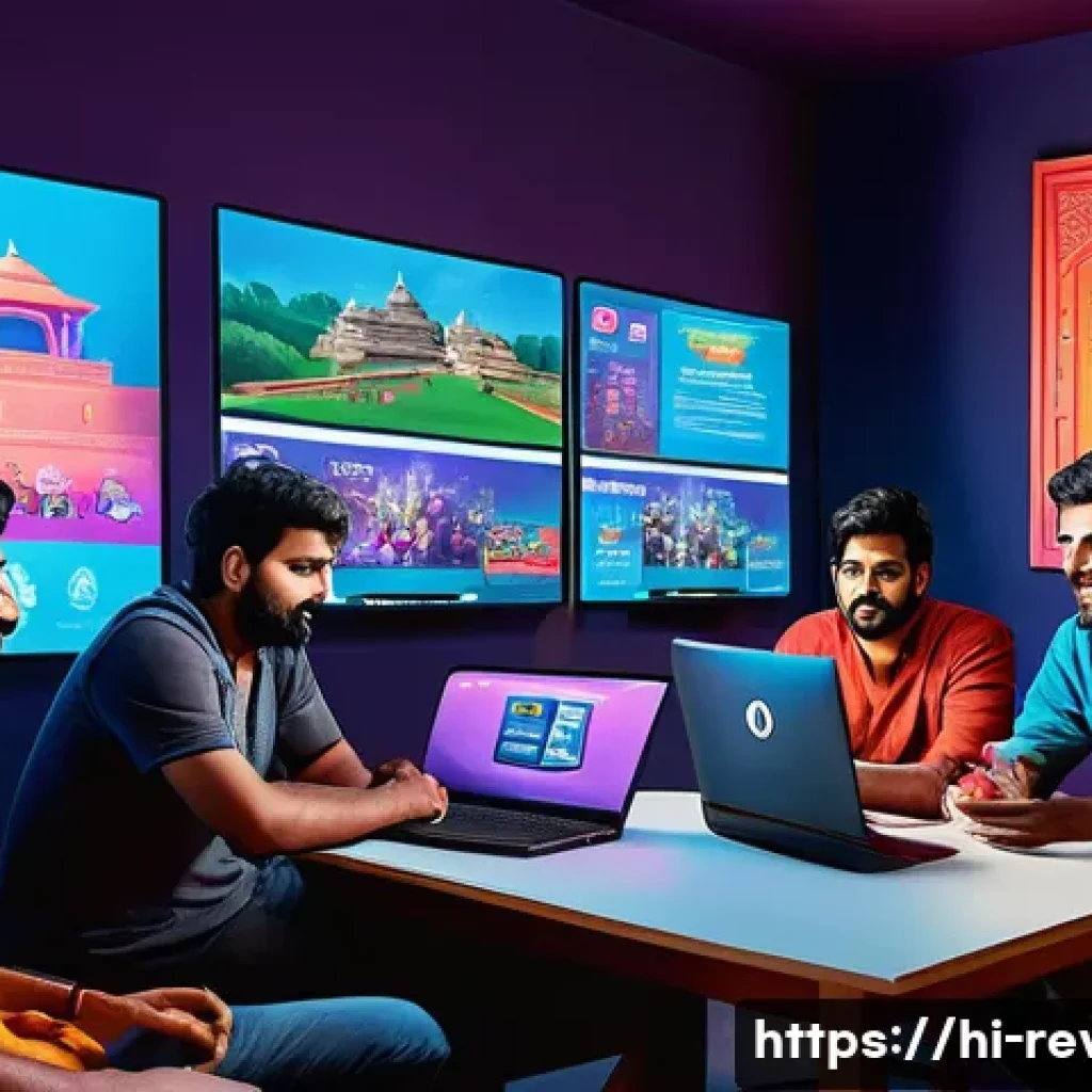 리버스 1999 신규 유저 커뮤니티 - A detailed digital illustration of a diverse group of Hindi-speaking gamers in a cozy, modern gaming...