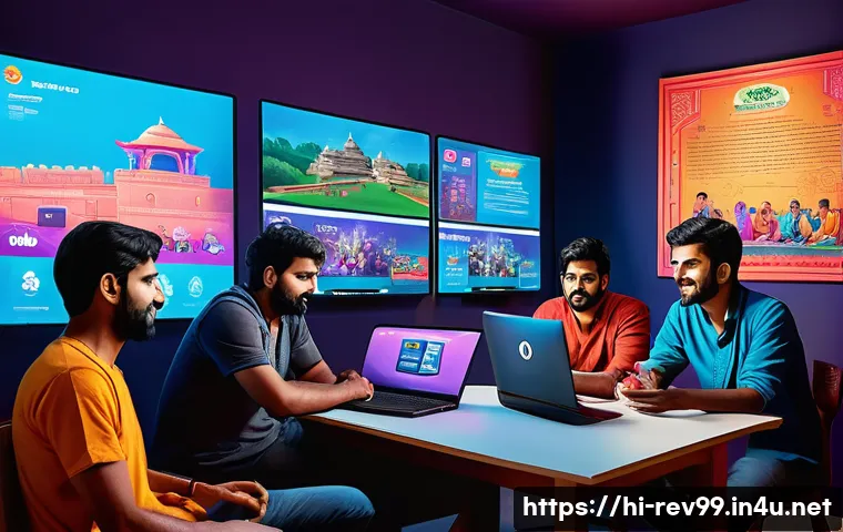 리버스 1999 신규 유저 커뮤니티 - A detailed digital illustration of a diverse group of Hindi-speaking gamers in a cozy, modern gaming...