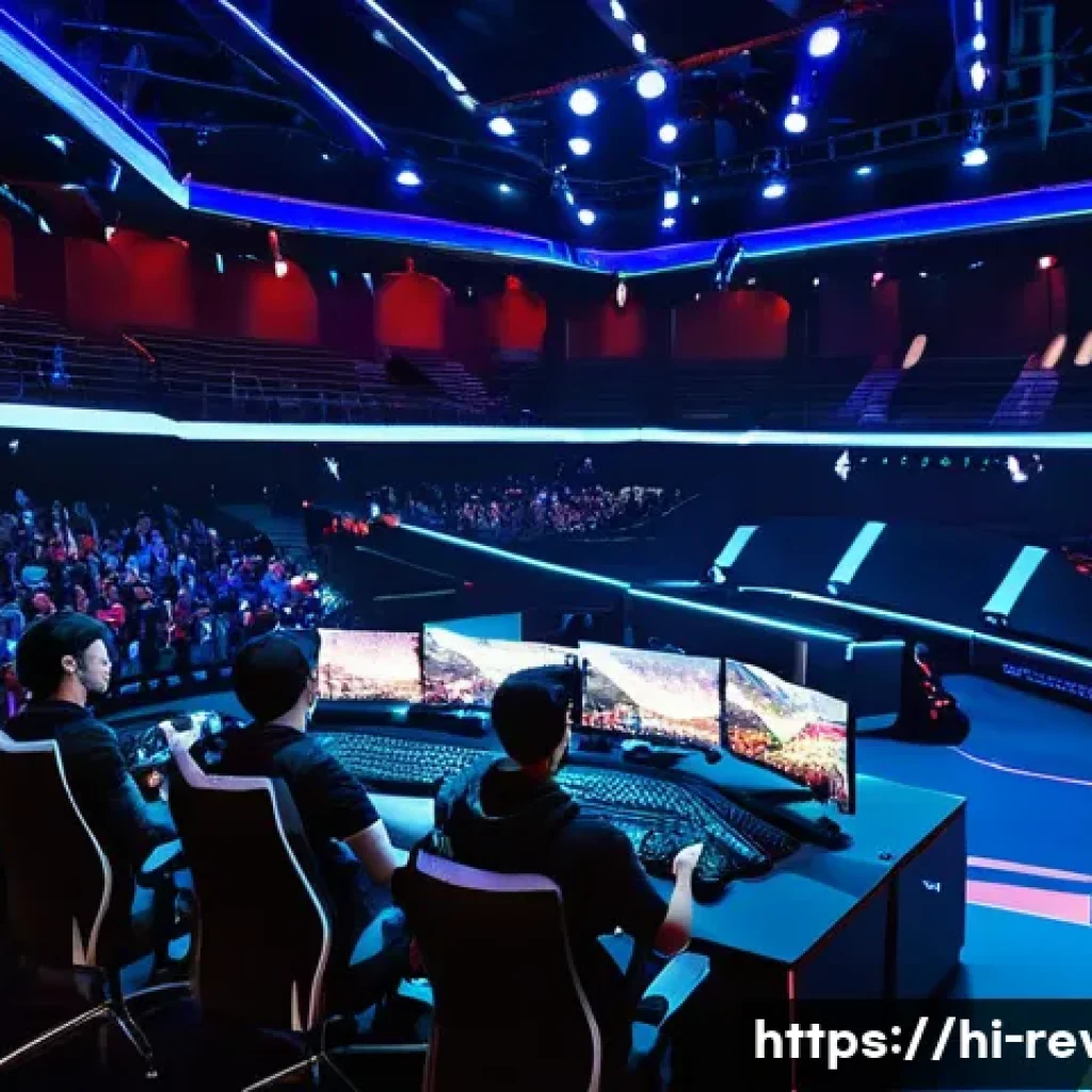 리버스 1999 글로벌 이벤트 정보 - A dynamic esports arena scene featuring diverse gamers from around the world intensely competing in ...