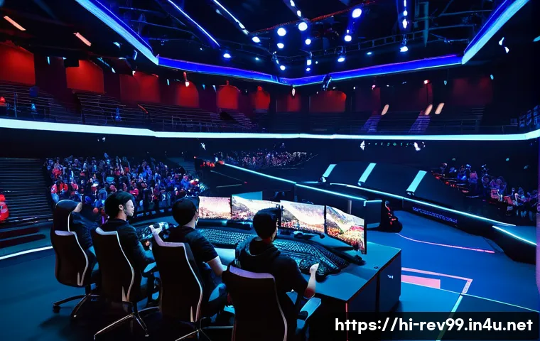 리버스 1999 글로벌 이벤트 정보 - A dynamic esports arena scene featuring diverse gamers from around the world intensely competing in ...