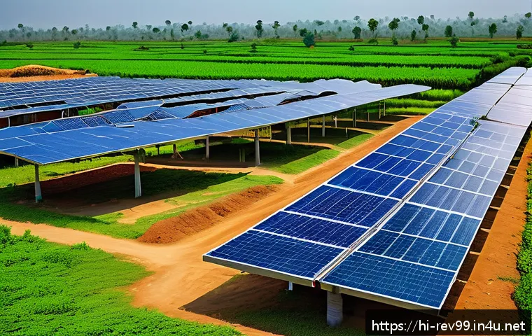 리버스 1999 에너지 시스템 이해 - A futuristic renewable energy system labeled "Reverse:1999" in a vibrant Hindi village setting, show...