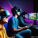 리버스 1999 유저 설문조사 결과 - A vibrant gaming room scene showing a diverse group of Indian gamers, wearing casual clothes and com...