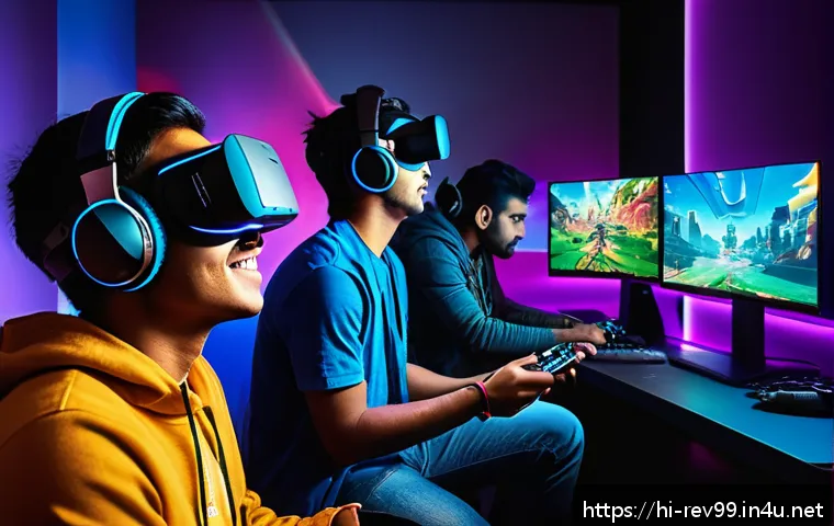 리버스 1999 유저 설문조사 결과 - A vibrant gaming room scene showing a diverse group of Indian gamers, wearing casual clothes and com...