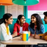 리버스 1999 팬덤의 문화적 영향 - A vibrant scene showing a group of young Indian friends in their late teens, dressed in stylish 90s-...