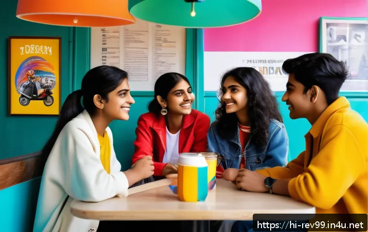 리버스 1999 팬덤의 문화적 영향 - A vibrant scene showing a group of young Indian friends in their late teens, dressed in stylish 90s-...
