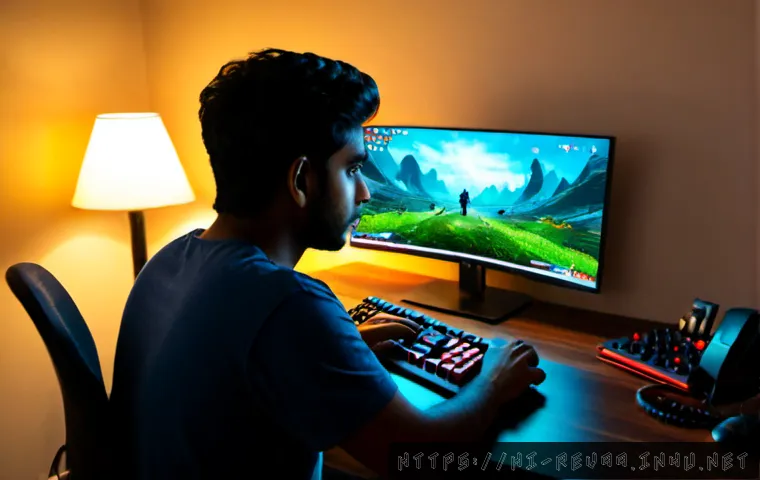 리버스 1999 PvE와 PvP 비교 - Photorealistic Indian young adult gamer at a clean home desk, focused on a widescreen monitor showin...