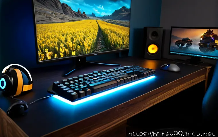 리버스 1999 최고의 장비 세팅 - Photorealistic cinematic gaming desk setup for optimizing RPG equipment, focused on a premium mechan...
